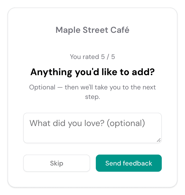 After a 5-star rating the guest is asked for an optional comment before going to the Google review page
