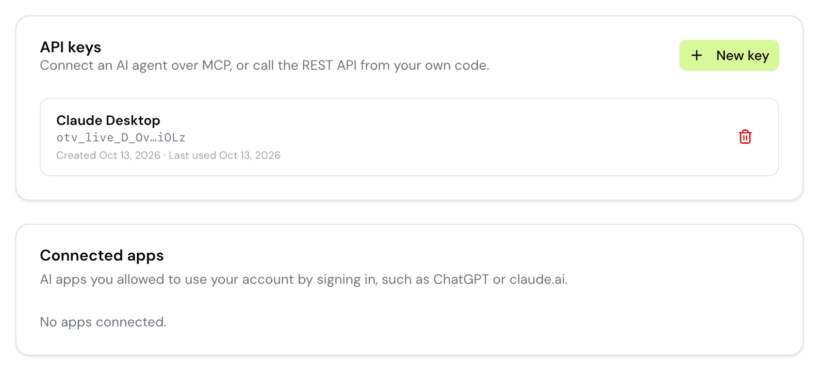 Settings, API tab: an API key named Claude Desktop and an empty Connected apps list