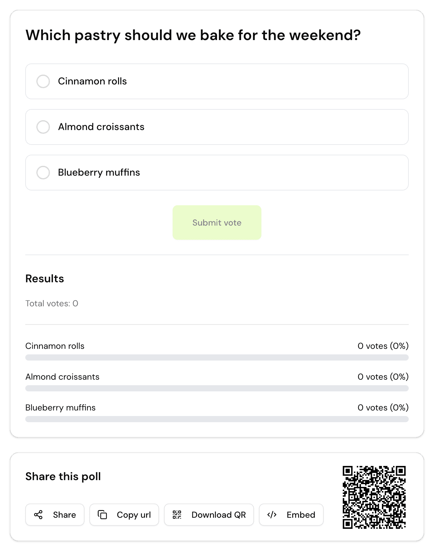 A new poll created by Claude, Which pastry should we bake for the weekend, with share buttons and a QR code