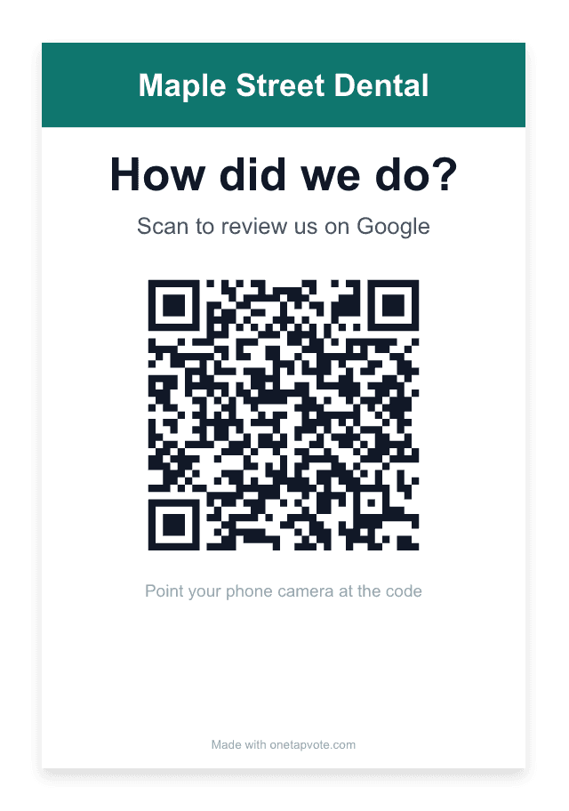 A printable front-desk card for Maple Street Dental: How did we do? Scan to review us on Google, with a QR code