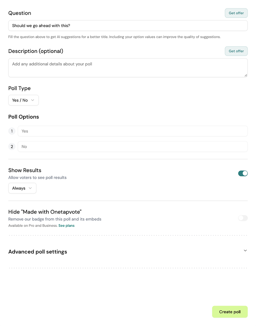 OneTapVote create-poll form set to a Yes / No poll type for dichotomous survey questions